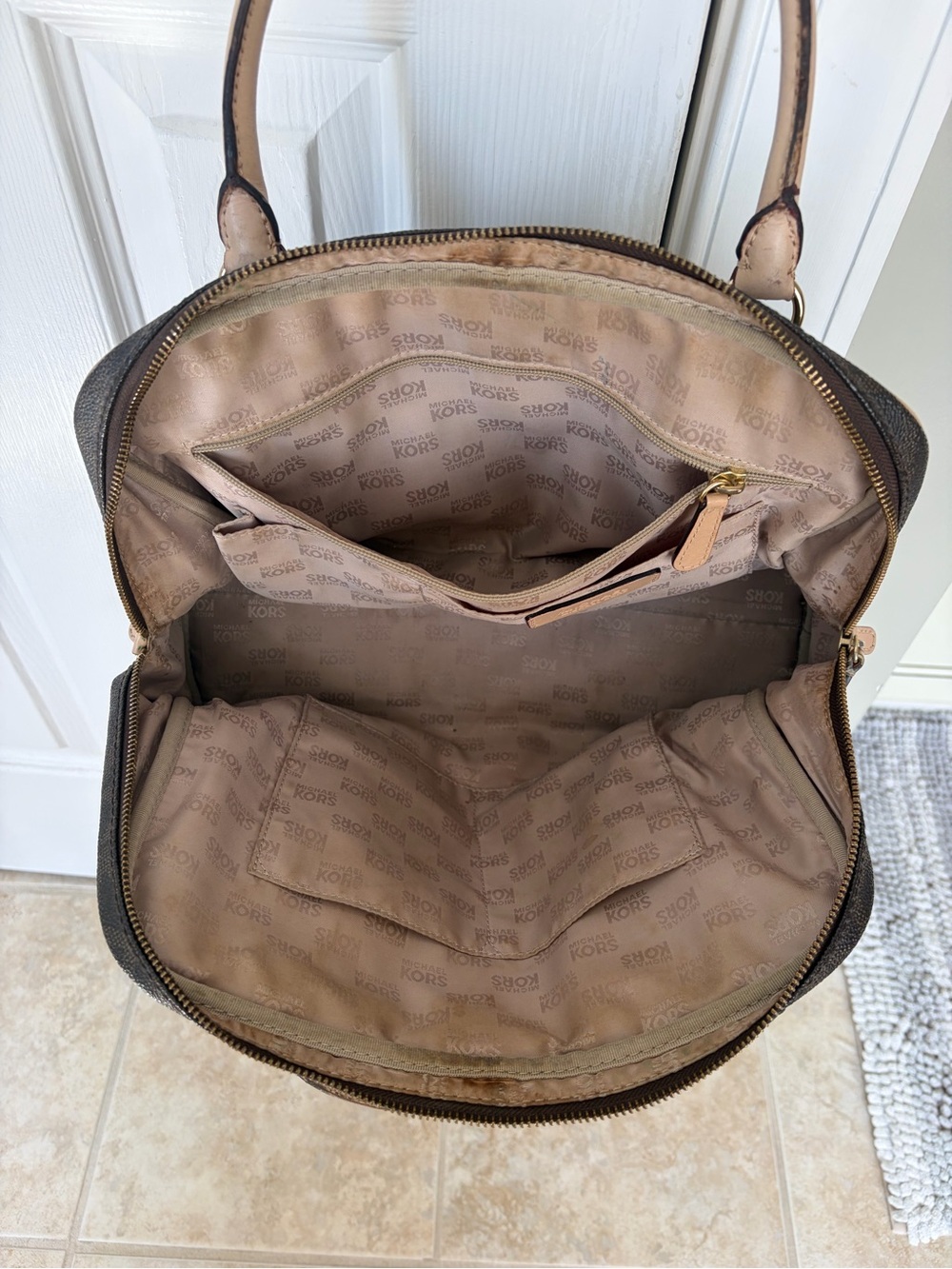 Michael Kors Dark Brown MK Logo Dome Satchel with Light Tan Trim - Picture 10 of 10